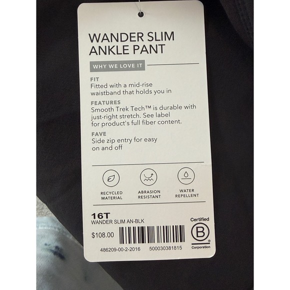 Athleta Wander Slim Ankle Pant Black Mid Rise Zip Pocket Tech Women Size 16T - Picture 6 of 9